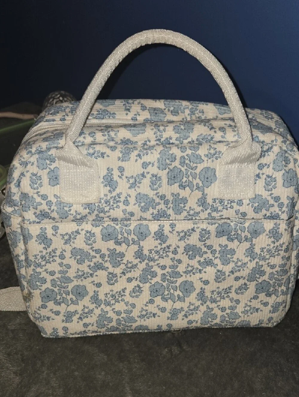 Floral Quilted Top-Handle Bag in Light Blue and Cream